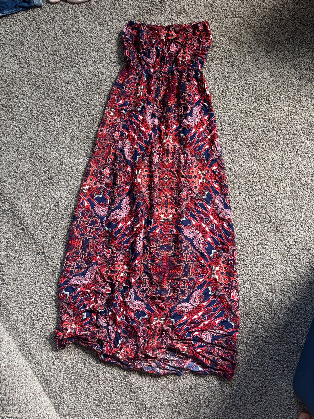 Strapless Red & Navy Paisley Maxi Dress